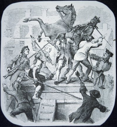 New York rebellen trekken het standbeeld van de gehate George III van Engeland omver door American School