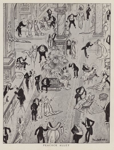 Peacock Alley, spotprent met de opzichtige mode van die tijd (litho) door American School