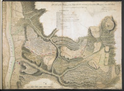 Plan van de positie van het leger onder bevel van luitenant-generaal Burgoyne nabij Still Water, waar het op 20 september 1777 kampte door American School