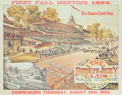Poster die The Brooklyn Jockey Club Race Course adverteert, 1886 door American School