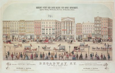 Poster van een uitzicht op Broadway, van Anthony tot Franklin Street, die Robinsons Patent Hand Sewing Machine adverteert, 1855 door American School