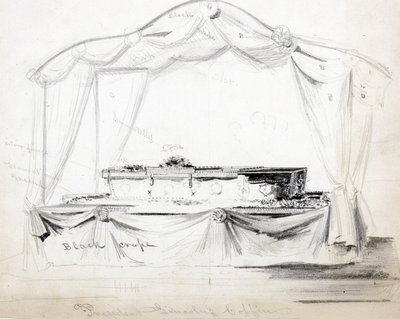 President Abraham Lincolns kist opgebaard in het Witte Huis, Washington D.C., april 1865 door American School