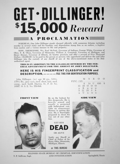 Beloningsposter voor John Dillinger door American School