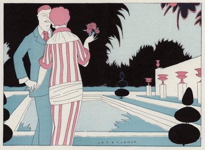 Romantisch paar hand in hand bij het zwembad, een scène uit het korte verhaal Prospective Honeymooners van J A Waldron (kleurenlitho) door American School
