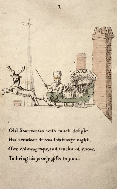Kerstman met slee en rendieren, uit De Vriend van de Kinderen gepubliceerd in 1821 door American School