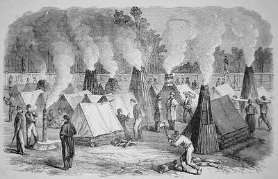 Scène in het kamp - schoorsteenarchitectuur - de Federale soldaten bij hun kampvuren (gravure) door American School
