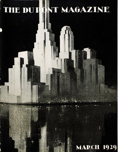 Wolkenkrabbers, voorpagina van het DuPont Magazine, maart 1929 door American School