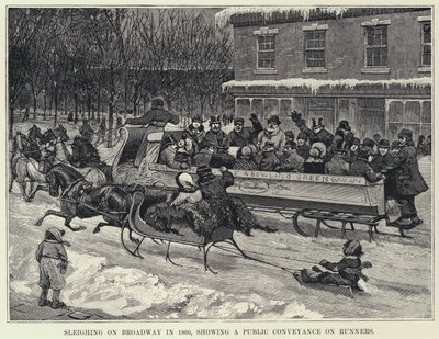 Sleetje rijden op Broadway in 1860, toont een openbaar vervoermiddel op lopers door American School
