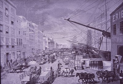 South Street Seaport in de jaren 1870, New York City (gravure) door American School