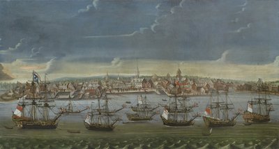 Zuidoostelijk uitzicht op de stad New York, ca. 1756-7 door American School