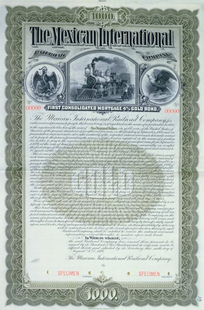 Voorbeeld obligatiecertificaat voor 1000 dollar voor de Mexican International Railroad Company, 1897 door American School