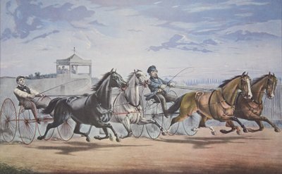 Stella en Alice Grey - Lantaarn en walvisbeen, Passeren de stand (In hun grote wedstrijd voor dubbelspan over de Union Course L.I. 5 juni 1855), uitgegeven 1855, Currier & Ives door American School