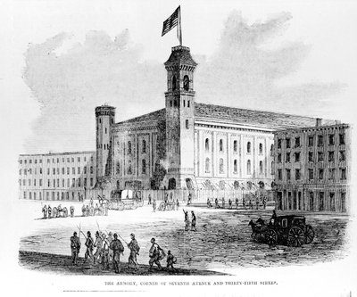 Het arsenaal, hoek van Seventh Avenue en Thirty-Fifth Street, scène uit de oproer in New York City, 1863 door American School
