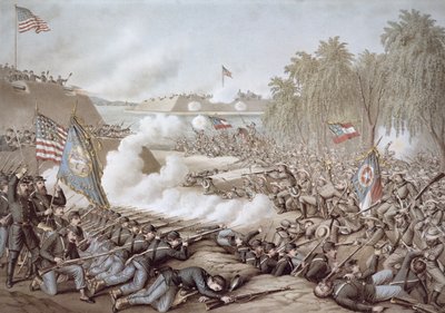 De Slag om Corinth, 3-4 oktober 1862, met vlaggen van Noord en Zuid, door Kurz & Allison door American School