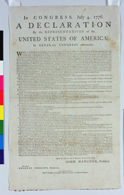 De Onafhankelijkheidsverklaring, gedrukt door Hugh Gaine, 1776 door American School