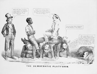 "Het Democratische Platform" politieke cartoon over de standpunten van de Democratische partij over slavernij, ca. 1856 door American School