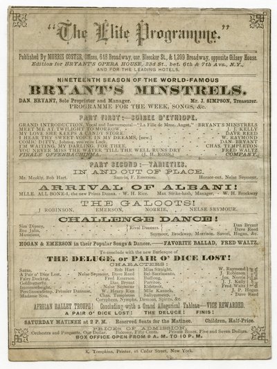 Het Elite Programma voor Bryants Opera House, gepubliceerd door Morris Coster door American School