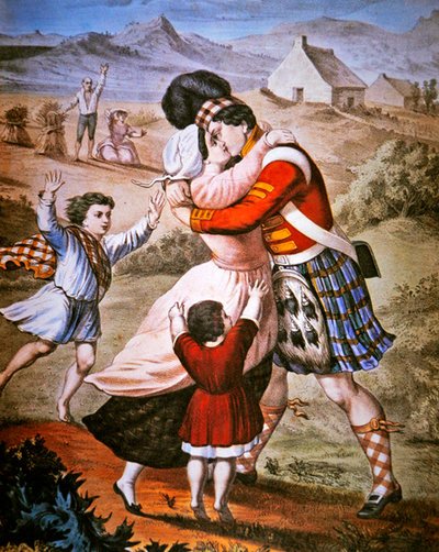 De terugkeer van de Hooglander, uitgegeven door Currier & Ives (kleur litho) door American School
