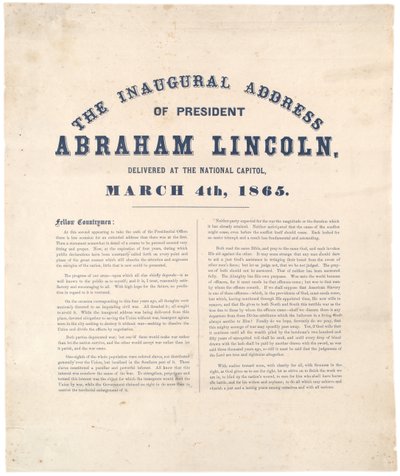 De inaugurele rede van president Abraham Lincoln gehouden in het Nationale Capitool, 4 maart 1865 door American School