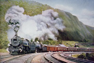 De New York naar Chicago Express bij de Horse-Shoe Curve, Alleghany, ca. 1930 (kleur litho) door American School