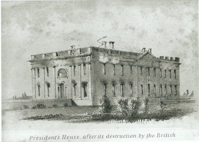 Het huis van de president na de vernietiging door de Britten, uit Watterson
