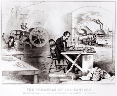De Vooruitgang van de Eeuw: De Bliksem Stoompers, de Elektrische Telegraaf, de Locomotief en de Stoomboot, uitgegeven door Currier & Ives, 1876 door American School