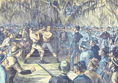 Het laatste kampioenschap boksen met blote vuisten in 1889, John L. Sullivan tegen Jake Kilrain in Richburg, Mississippi door American School