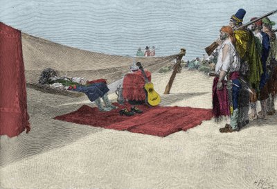 De piraat Sir Henry Morgan rekruteert mannen voor de aanval op Panama rond 1670. Boek van piraten Buccaneers en Marooners van de Spaanse Main door Howard Pyle door American School