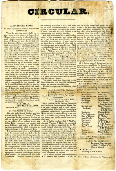 Aan het volk van Texas over de belegering van het Mexicaanse garnizoen in San Antonio de Bexar, 10 december 1835 door American School