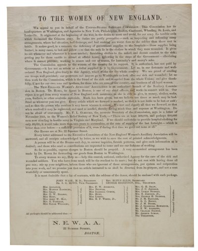 Aan de vrouwen van New England (circulaire brief), ca. 1862-1865 door American School