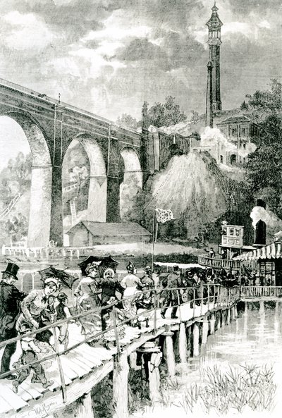 Toeristen keren terug naar hun stoomboot op de Harlem River, met High Bridge links, gegraveerd door W.A Rogers voor Harpers Weekly, 24 juli 1880 door American School