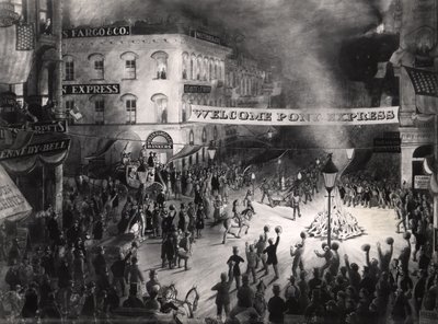 Triomfantelijke aankomst van de eerste Pony Express-boodschapper in Sacramento, 13 april 1860 door American School