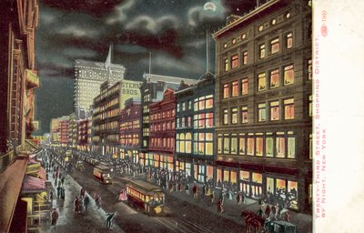 Twenty-Third Street winkelgebied, New York, bij nacht (kleurenlitho) door American School