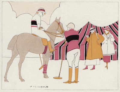 Twee stelletjes op de poloclub, een scène uit het korte verhaal A Vassal To Art van J A Waldron (kleurenlitho) door American School