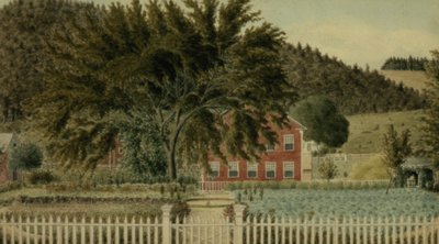 Uitzicht op een rood huis met een hek, 1854 door American School