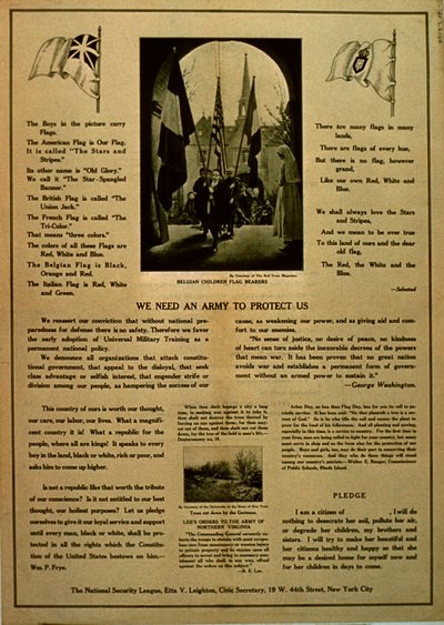 We hebben een leger nodig om ons te beschermen, propagandapamflet van de National Security League, ca. 1914-18 door American School