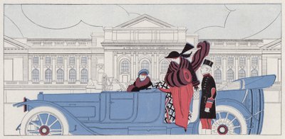 Vrouw die verliefd wordt op haar chauffeur, een scène uit het korte verhaal Taking Chances van J A Waldron (kleurenlitho) door American School