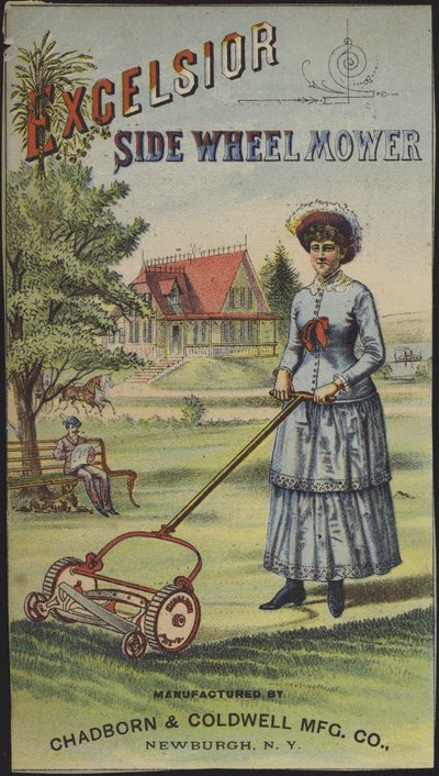 Vrouw die het gras maait (chromolitho) door American School