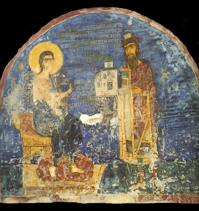 Grootvorst Jaroslav II Vsevolodovich met model van de Nereditsa-kerk voor Christus, 12e eeuw door Ancient Russian frescos