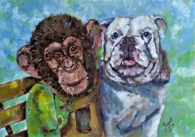 Vrienden: een chimpansee en een buldog door Anda Bieza