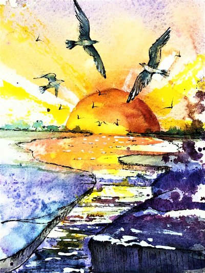 Levendige zonsondergang boven de oceaan door Anda Bieza