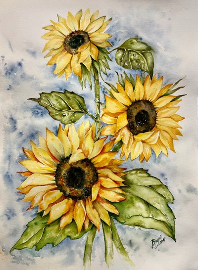 Levendige zonnebloemen in aquarel door Anda Bieza