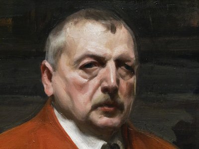 Zelfportret in rood (1915, olieverf op doek). door Anders Leonard Zorn