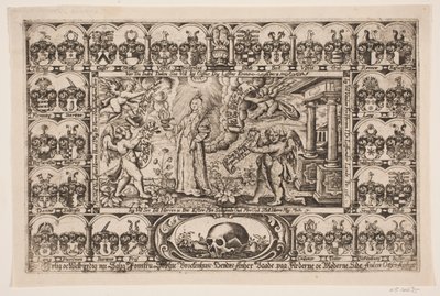 Sophie Brockenhuus en vier genieën, omgeven door wapenschilden. Uit lijkrede door Anders Ottesen