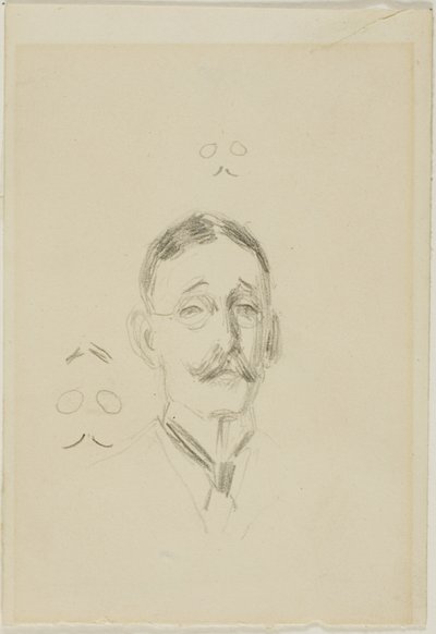 Hoofd van een man met bril met twee schetsen door Anders Zorn