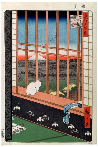 Een kat zittend op de vensterbank door Ando Hiroshige