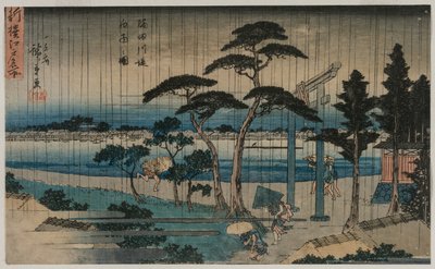 Afbeelding van lichte regen op de oever van de Sumida rivier..., late 1830s of vroege 1840s door Ando Hiroshige