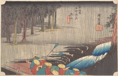 Lente Regen bij Tsuchiyama, uit de serie Drieënvijftig Stations van de Tokaido, 1834-35 door Ando Hiroshige
