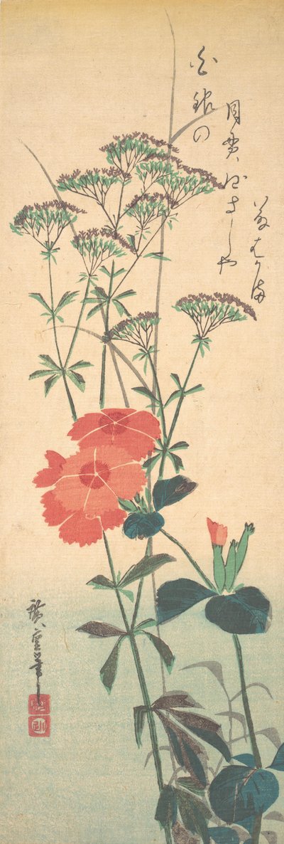 Prachtige anjers en Chinese agrimonie, ca. 1836 door Ando Hiroshige