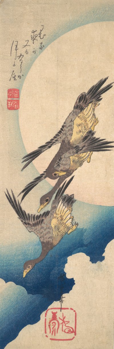Wilde Ganzen Vliegend onder de Volle Maan door Ando Hiroshige